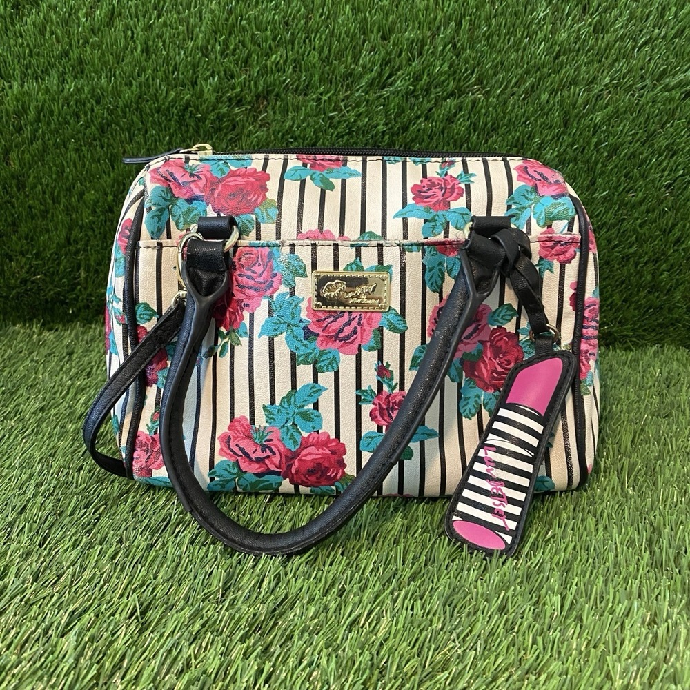 Luv Betsey Johnson‎ Mini Barrel Purse Striped Floral Satchel Hand Bag 8"x9.5"x5